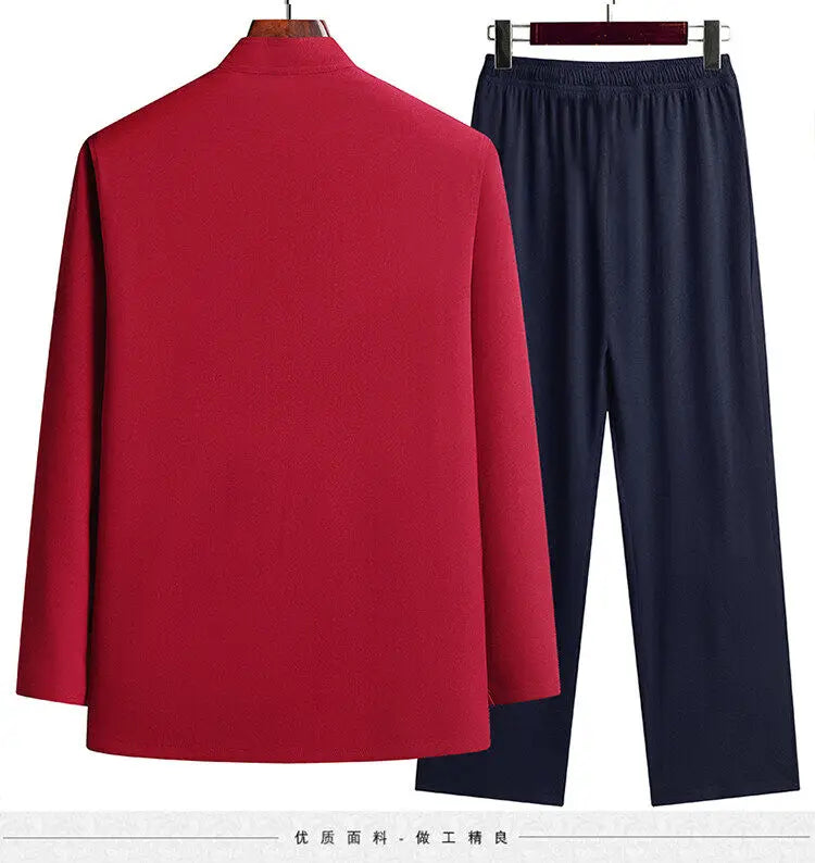 Men's Chinese Style Long Sleeve Shirt & Elastic Waist Pants Casual Set