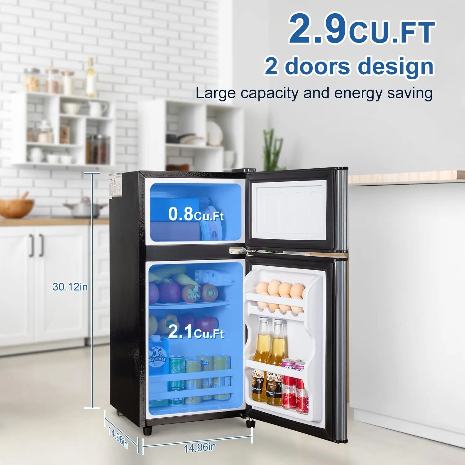 Mini Fridge with Freezer — 2.9 Cu Ft Double Door Small Fridge, Energy Saving, Low Noise, 7-Level Adjustable Thermostat