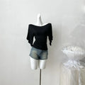 Women's Slash Neck Flare Sleeve Slim Pleated T-Shirt – Sexy Solid Color Pullover Top
