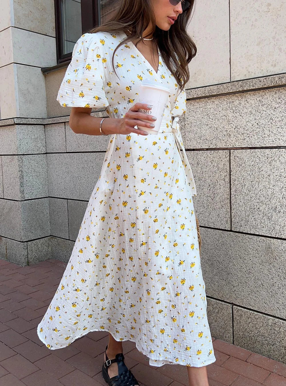100% Cotton Floral A-Line Midi Dress — Elegant White Summer Dress with Side Slits