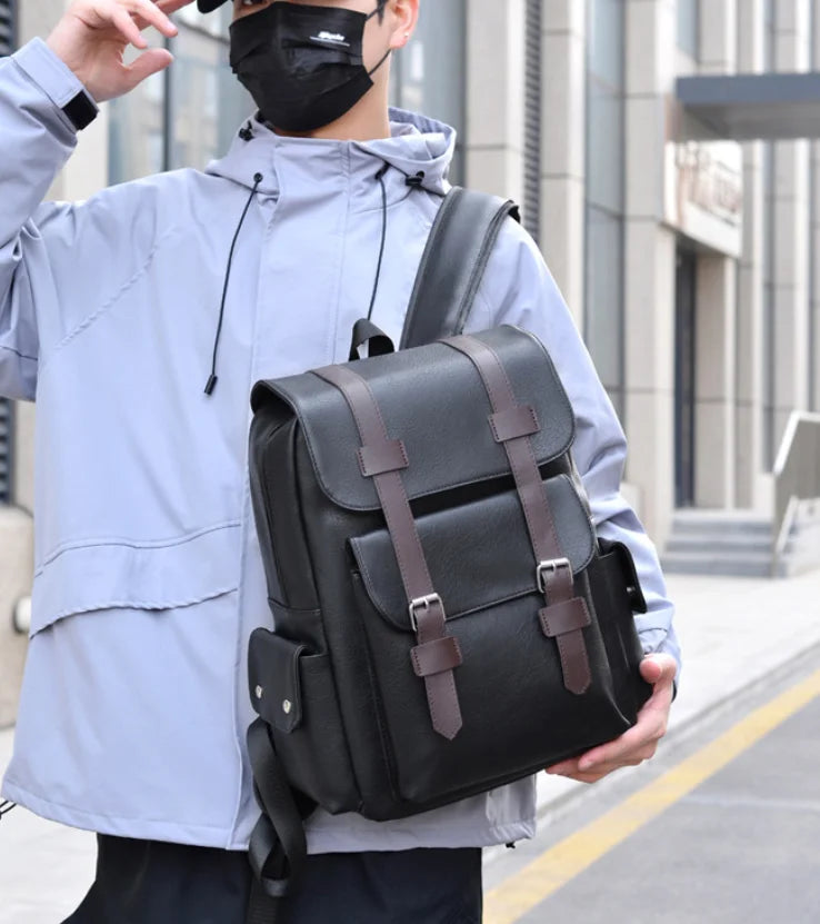 HOMEFISH PU Leather Backpack – Large Capacity Casual Daypack with 5 Pockets