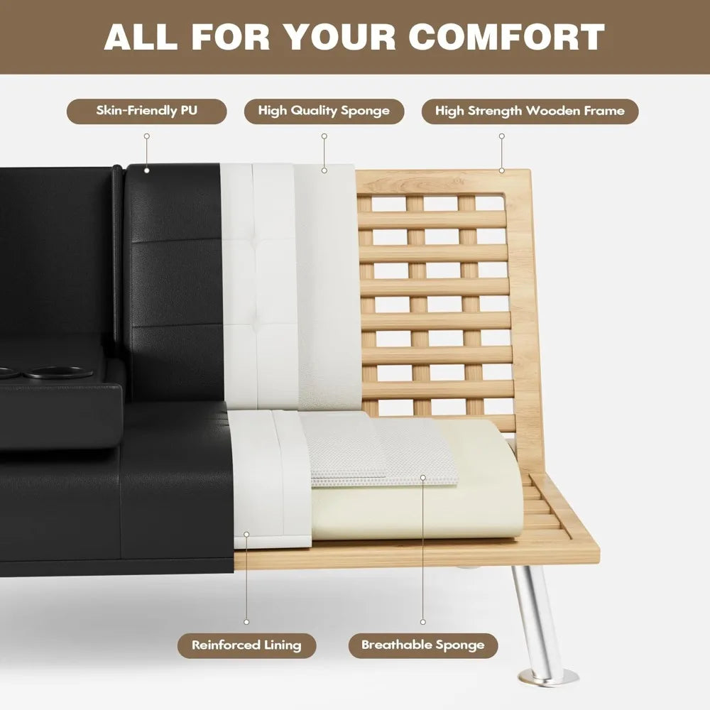 Leather Futon Sofa Bed with Detachable Armrests & Cup Holders