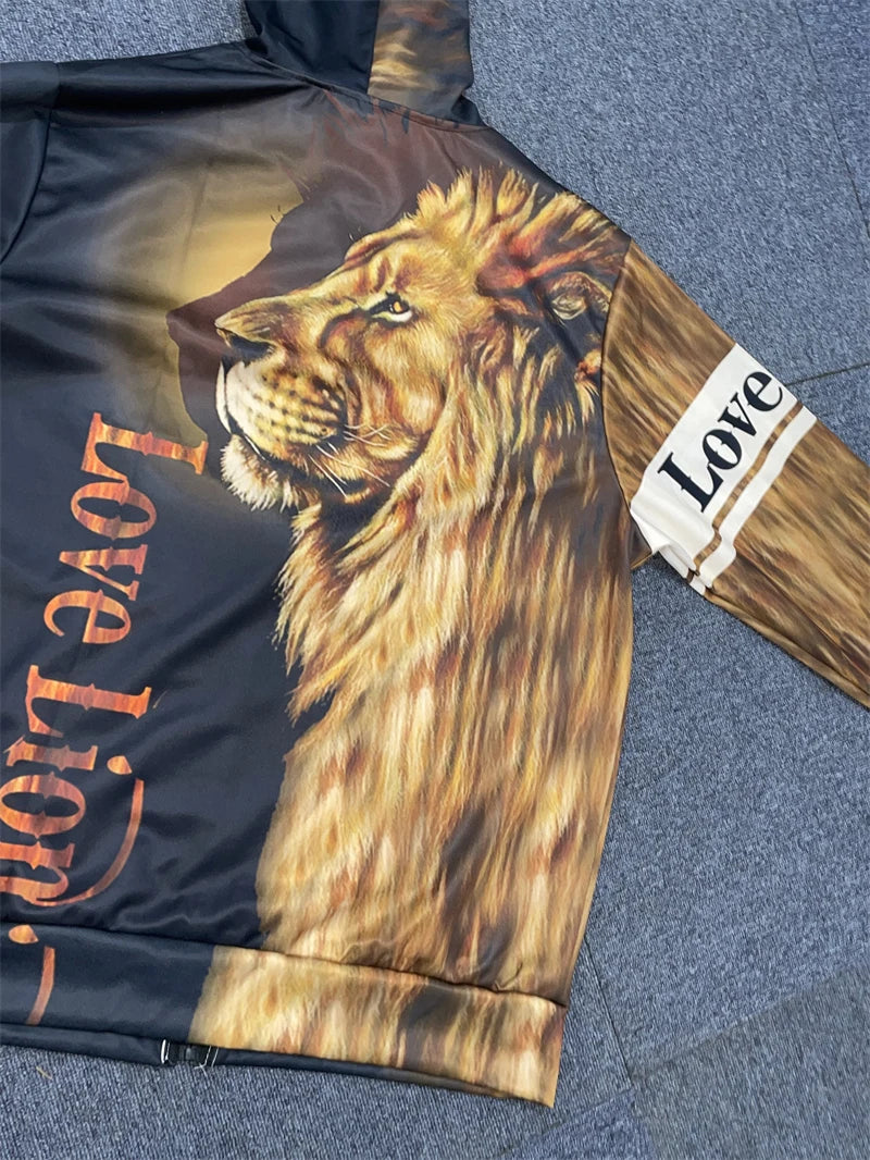 Men's 3D Lion Print Zip-Up Hoodie & Elastic Waist Pants Tracksuit Set