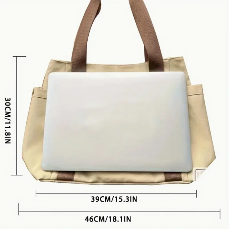 Large Capacity Canvas Tote Bag – College Style Work Commuter Shoulder Bag with Laptop Compartment for Women