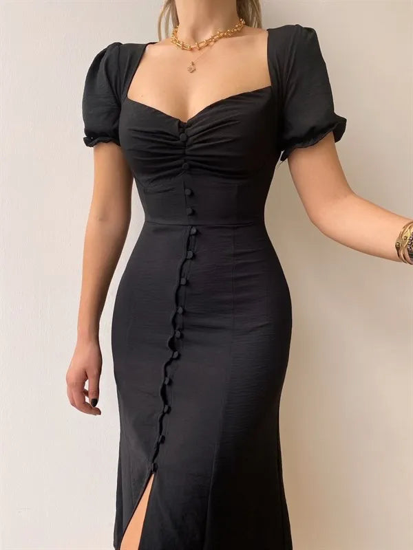 V-Neck Puff Sleeve High Waist Split Midi Dress — Elegant Single-Breasted Solid Dress