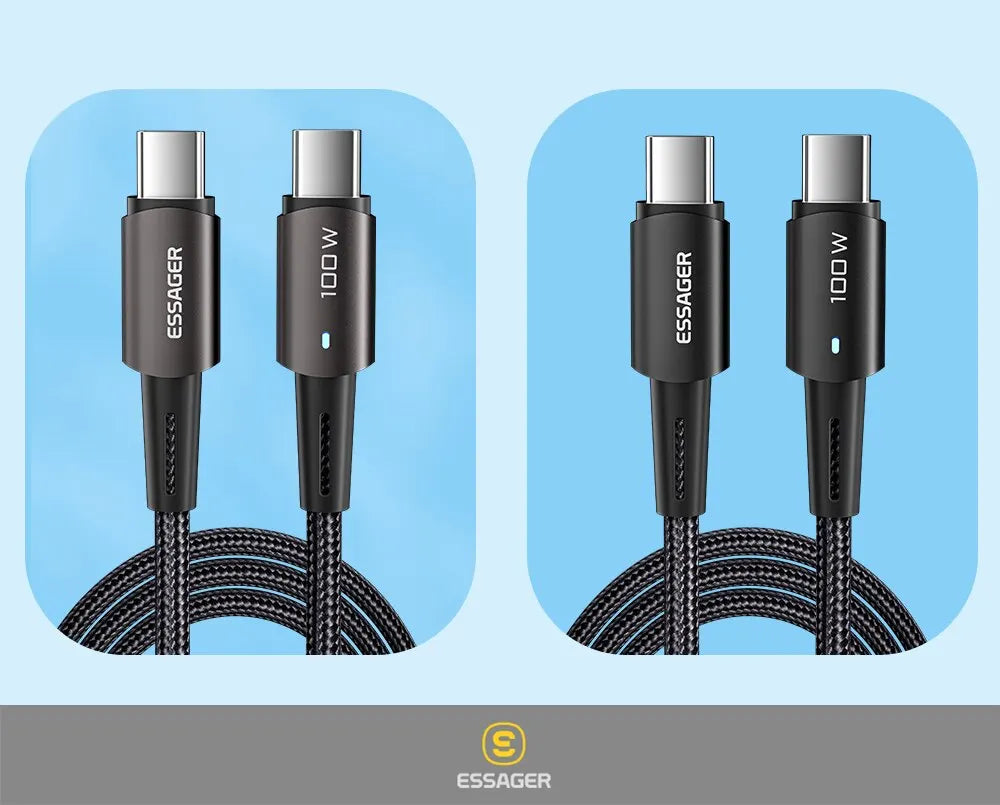 Fast Charge Everything. — Essager PD 100W/60W USB-C to USB-C Fast Charging Cable | 0.25m, 1m, 2m & 3m, Xiaomi, Samsung, Huawei, MacBook, iPad, Black, Blue & Brown