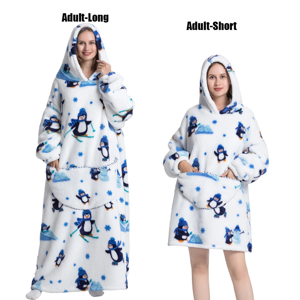 Oversized Wearable Blanket Hoodie – Plush Fleece with Sleeves, Hood & Pocket, 40 Designs