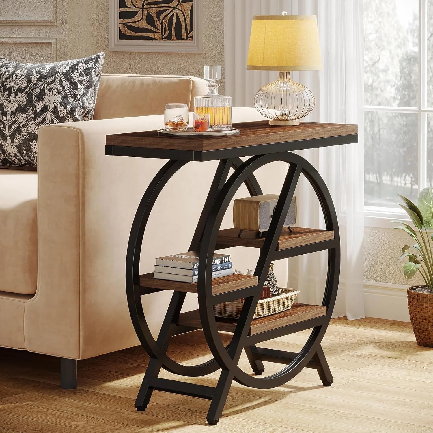 3-Tier Narrow End Table with Storage — Wood & Geometric Metal Frame
