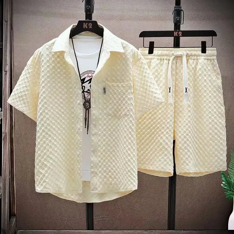 Men's Ice Silk Plaid Lapel Shirt & Shorts Set – Korean Luxury Casual Oversize 2-Piece