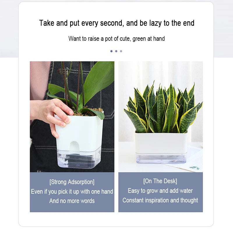 Double-Deck Self-Watering Planter Pot — Magnetic Plastic with Cotton Wick for Indoor & Garden Use