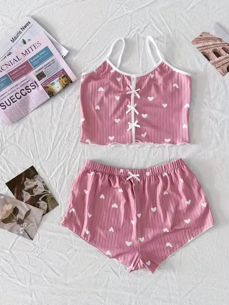 Women's Heart Print Frill Trim Cami Top & Shorts Loungewear | Soft Ribbed Pajama Set