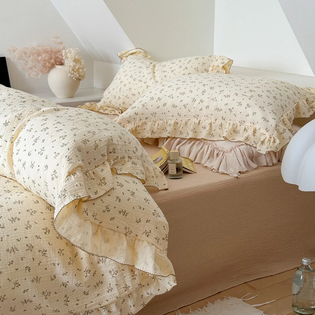 Princess Ruffle Bedding Set – 100% Cotton Gauze Duvet Cover with Pillowcases, Floral, 3-Piece