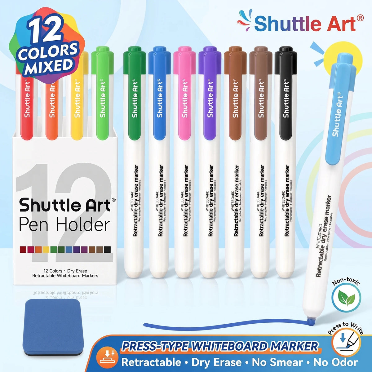 Shuttle Art Retractable Dry Erase Markers, 12 Colors