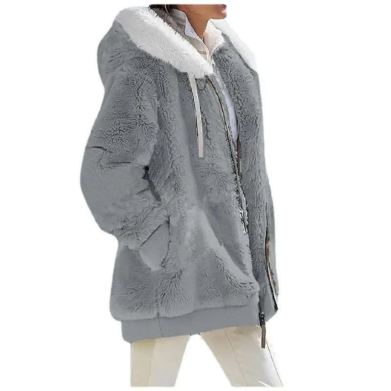 Women's Hooded Zip-Up Fleece Jacket – Loose Casual Solid Color Coat