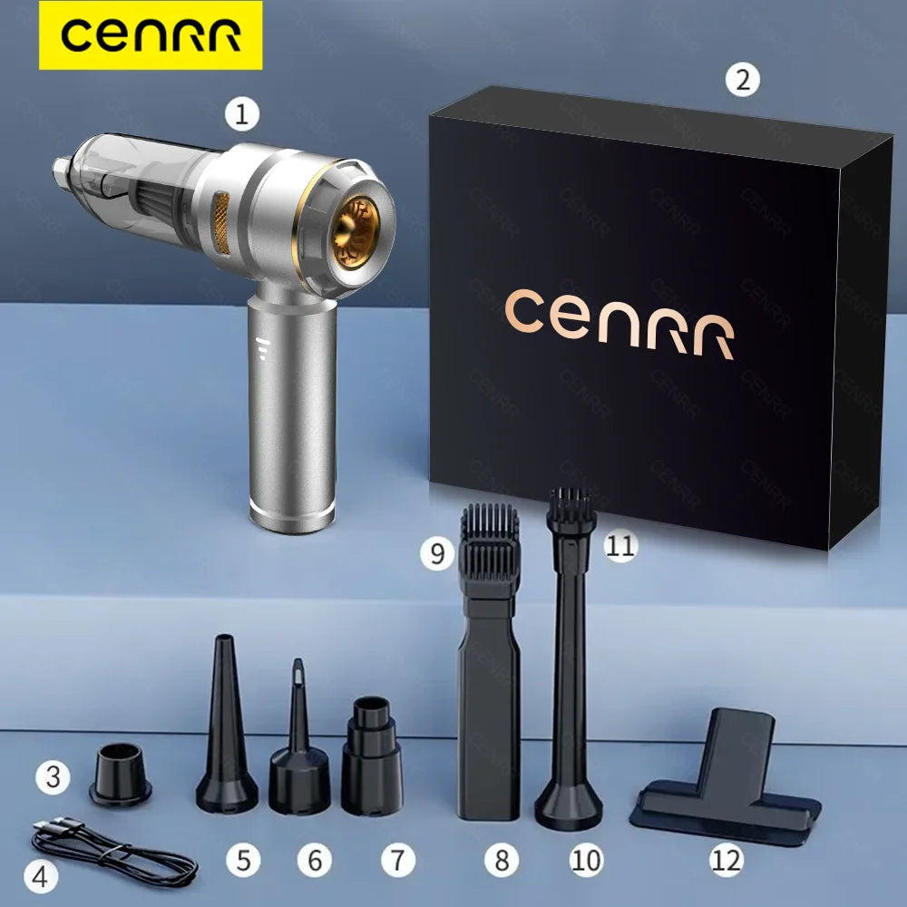 CENRR Wireless Car Vacuum Cleaner — 3-Gear Brushless Motor, 6000mAh, 9 Accessories, USB-C Charging