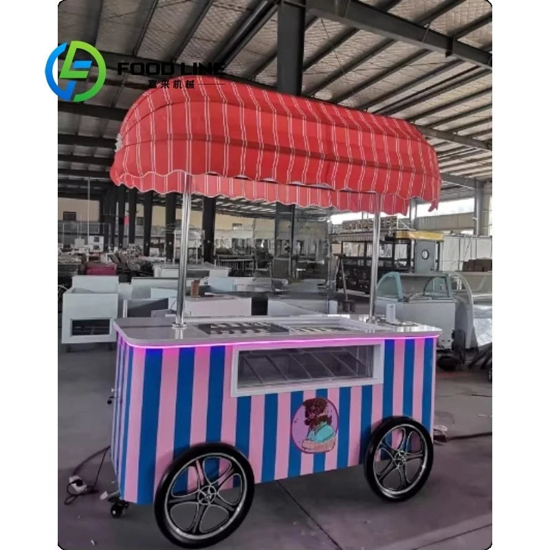 Customized Mobile Food Vending Cart with Canopy – Commercial Street Stall for Ice Cream & Snacks
