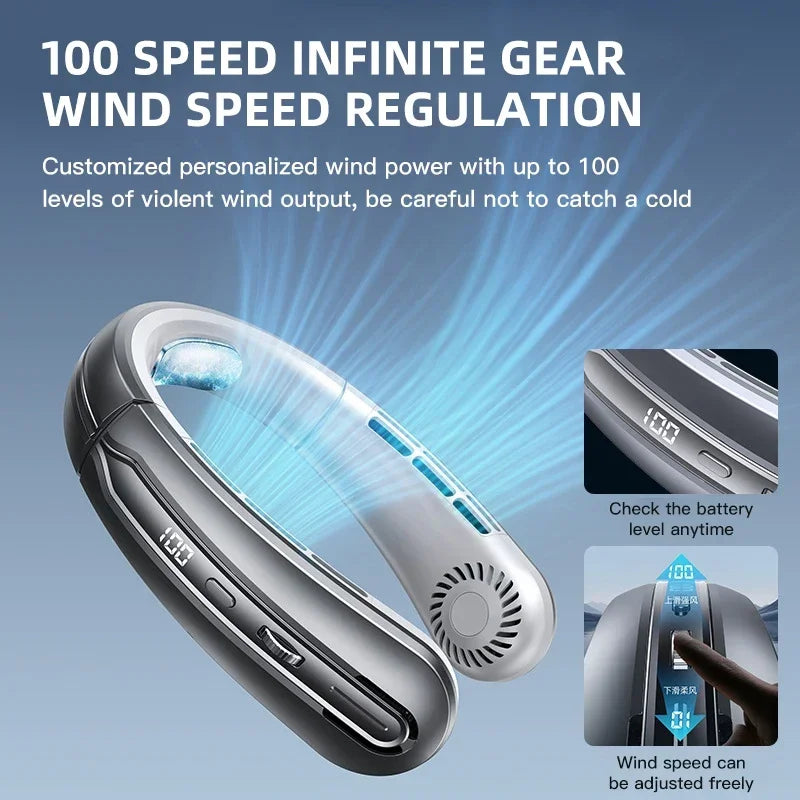 Lenovo 8000mAh Bladeless Neckband Fan — Digital Display USB Rechargeable Portable Neck Air Cooler