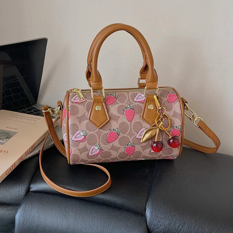 Cherry Print PU Leather Boston Crossbody Shoulder Bag – Luxury Designer Handbag for Women