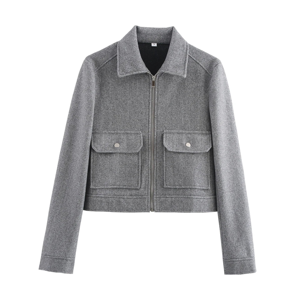 Women's Short Zip-Up Jacket Coat – Elegant Street Outerwear with Pockets
