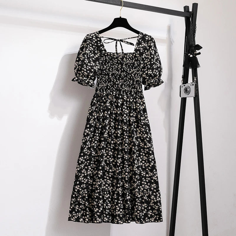 Chiffon A-Line Midi Dress — Elastic Waist Short Sleeve Casual Dress