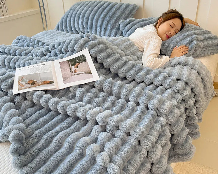 Striped Plush Blanket – Soft Faux Rabbit Fur Throw