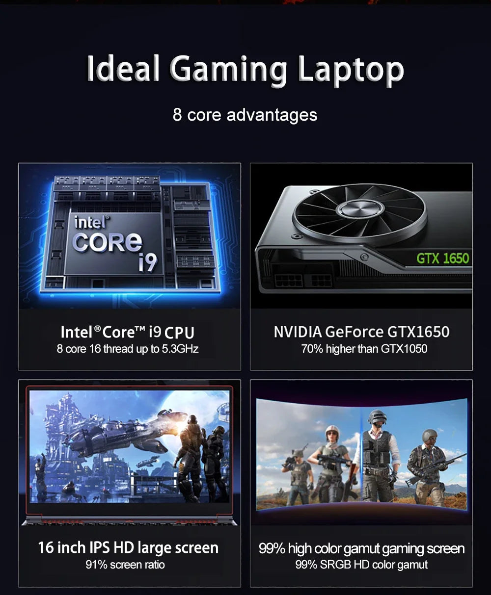 16.1" Gaming Laptop – RTX 4050 6GB or GTX 1650 4GB, Intel i9/i7, Up to 64GB DDR4, 4TB NVMe, 144Hz