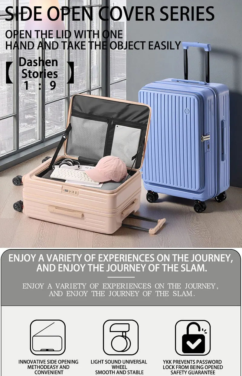 Expandable Front-Opening Suitcase – Cup Holder & Spinner Wheels