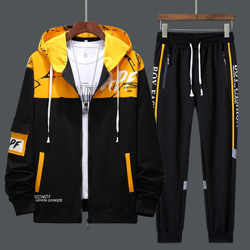 Men's Patchwork Hoodie & Sweatpants 2-Piece Tracksuit – Hip Hop Streetwear Set