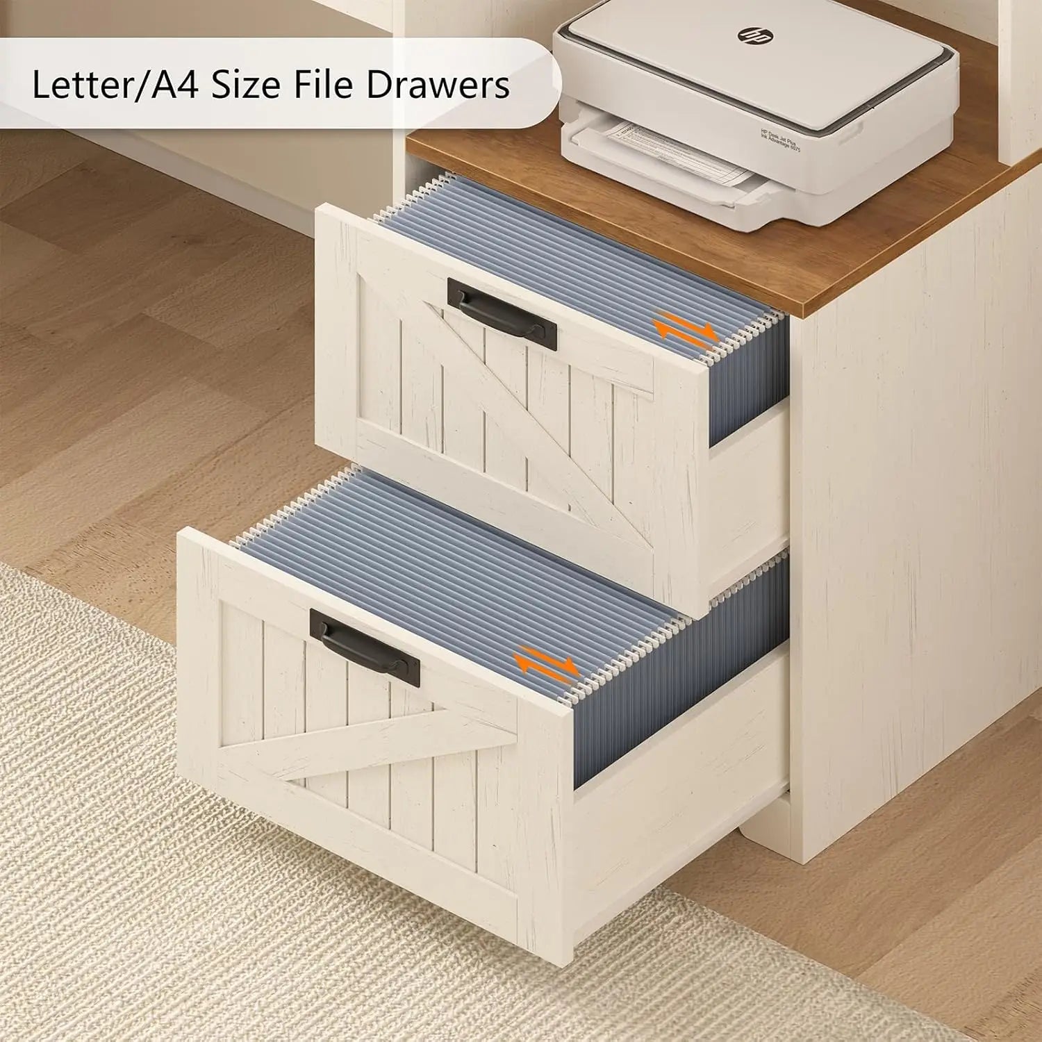 Farmhouse L-Shaped Desk with Drawers & Power Outlet — 62.2" Home Office Desk with Storage Shelves & Monitor Stand