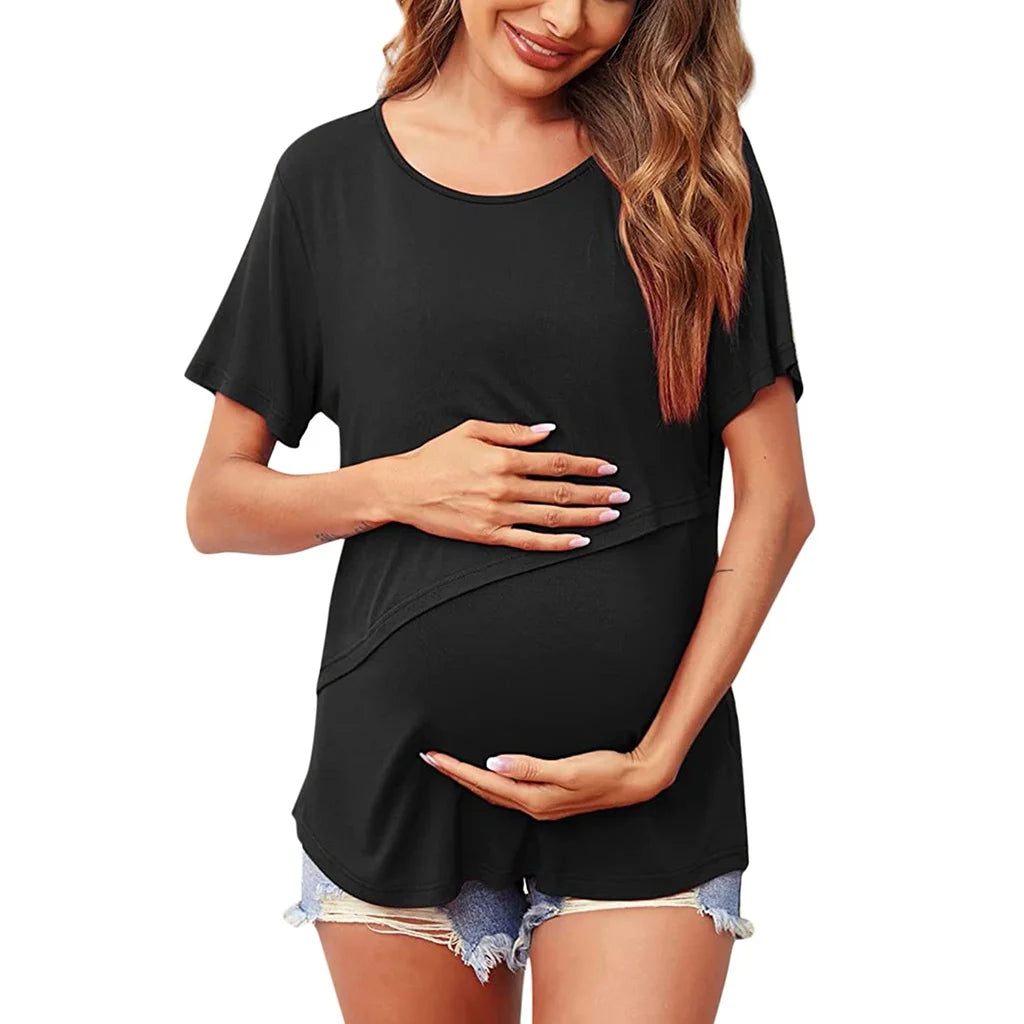 Women's Maternity Nursing Top – Short Sleeve Asymmetrical Flap Breastfeeding T-Shirt