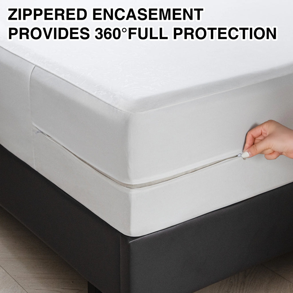 6-Sided Waterproof Zippered Mattress Encasement – Full Mattress Protector Cover, White or Gray