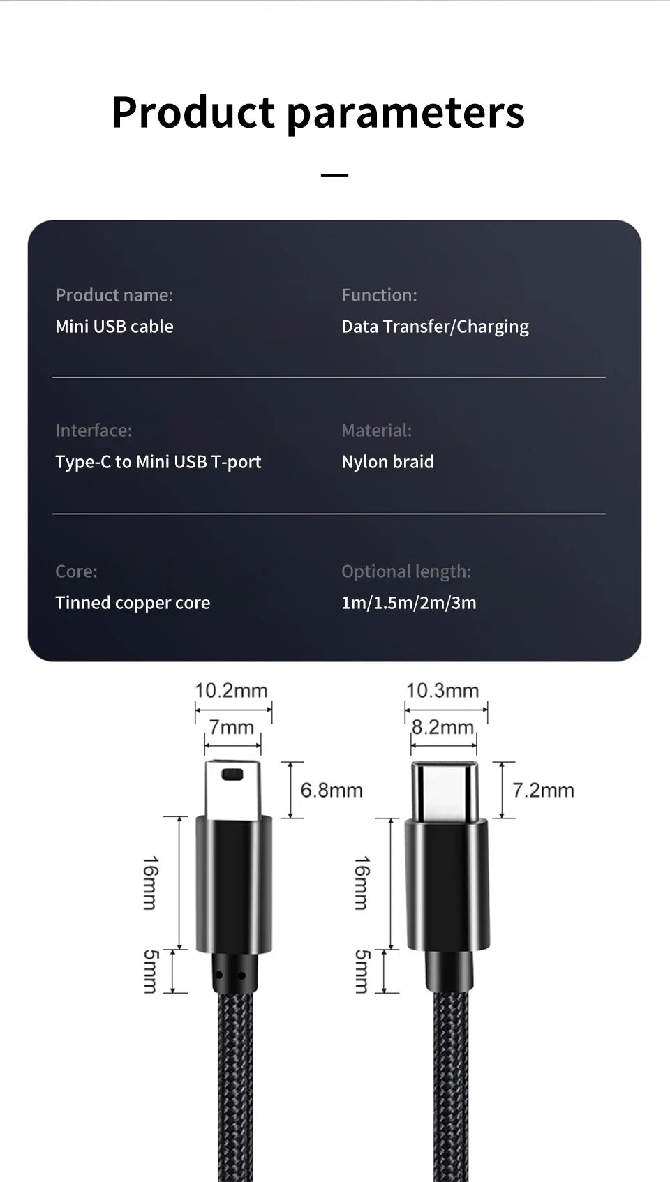 USB-C to Mini USB Adapter Cable – Type-C to Mini-B Charging & Data Cable for Camera MP3 MacBook