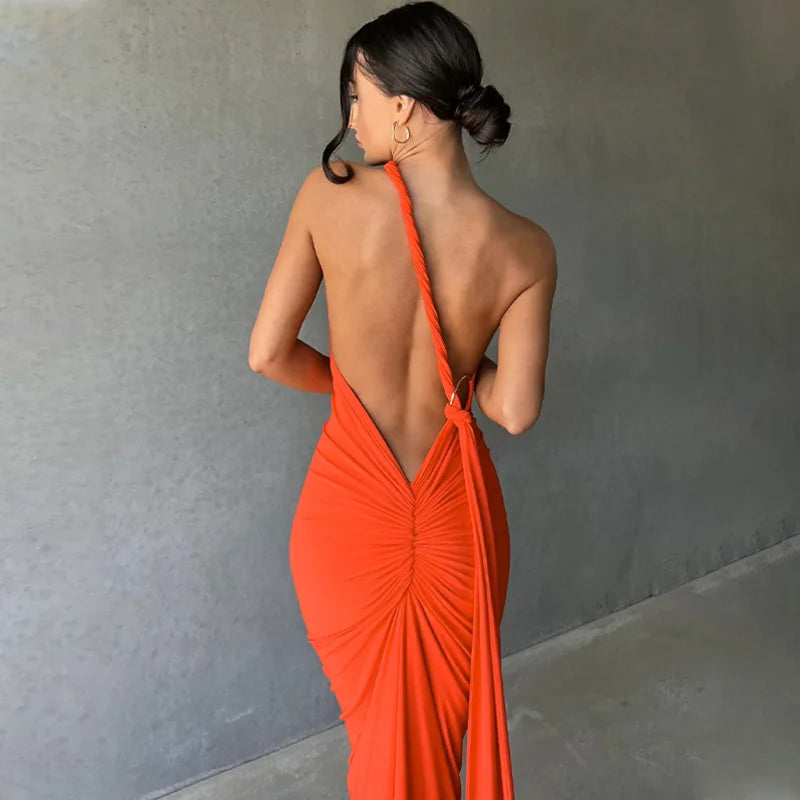 Backless Ruched Slim Bodycon Maxi Dress — Elegant Formal Wedding Guest Evening Dress