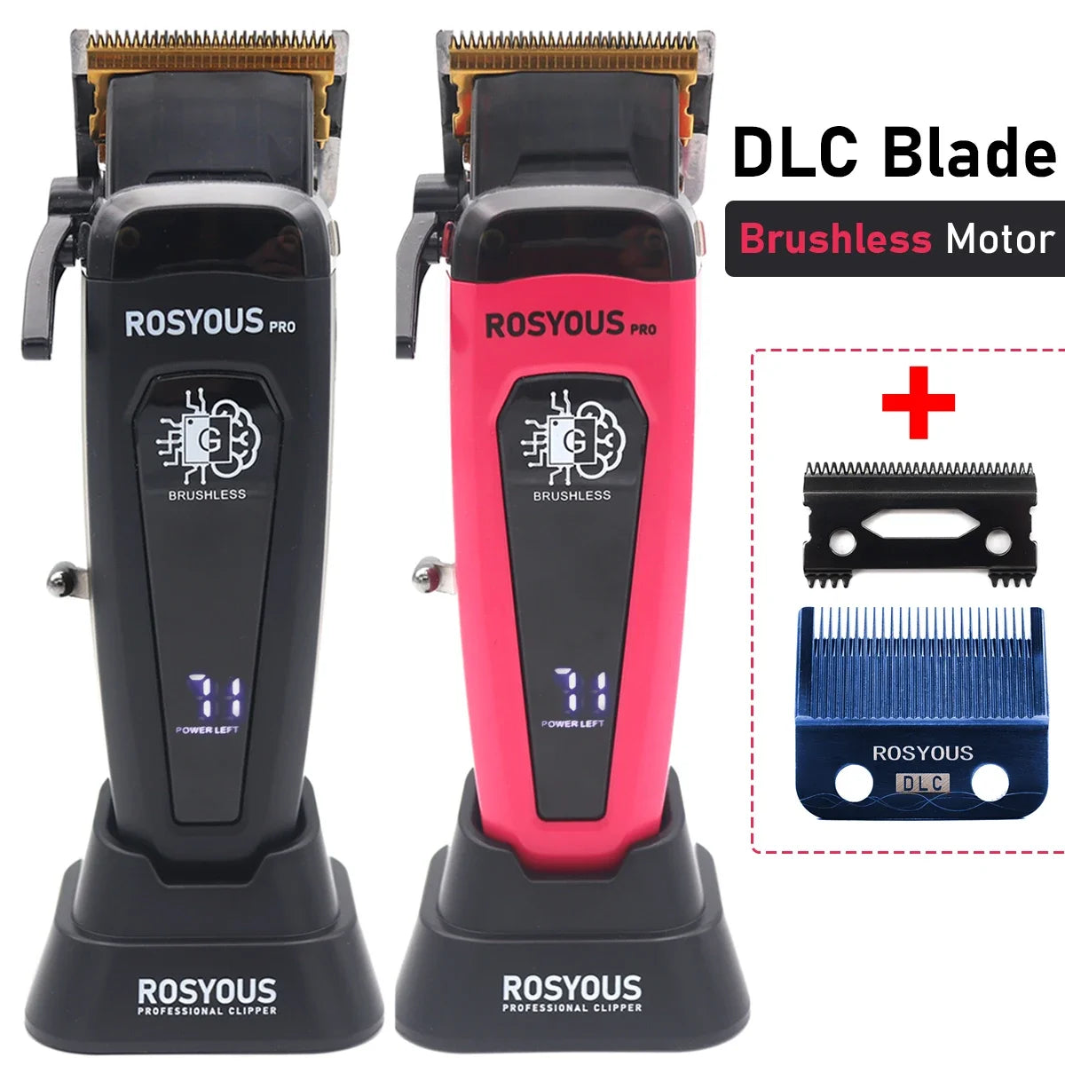 ROSYOUS Professional Brushless Hair Clipper – DLC Blade, LED Display, Base Charger, 240-Min Runtime