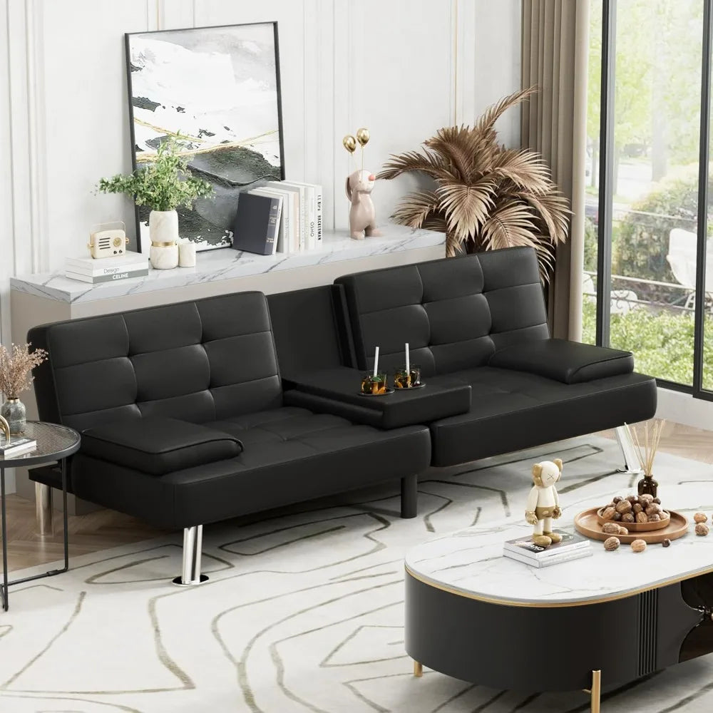 Leather Futon Sofa Bed with Detachable Armrests & Cup Holders
