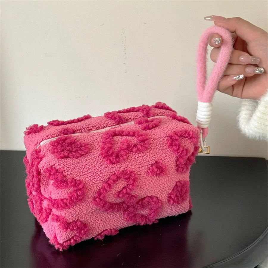 Plush Makeup Bag with Handle – Soft Love Print Travel Cosmetic Organizer & Pencil Case Clutch