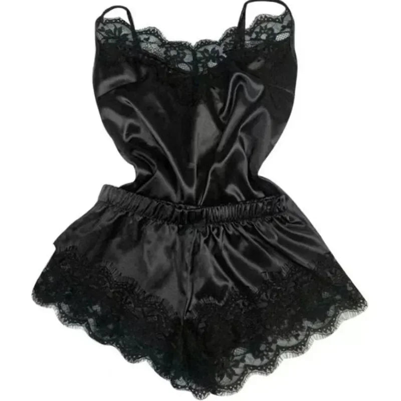 Women's Summer Lace Silk Pajama Set | Cami Top & Shorts Sexy Lingerie Sleepwear