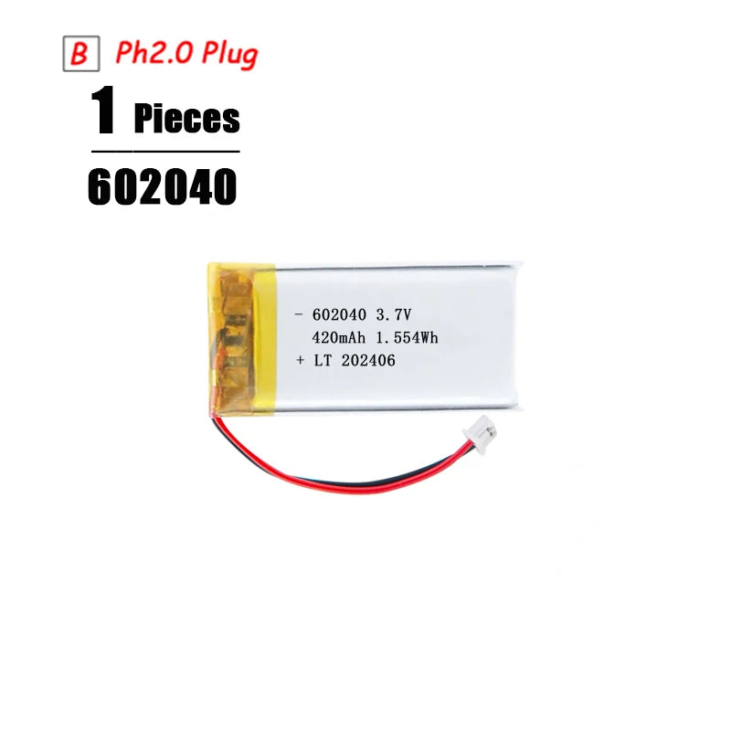 3.7V LiPo Rechargeable Battery – PH2.0 Plug for GPS, Bluetooth Speaker, PS4, Humidifier & MP3/MP4