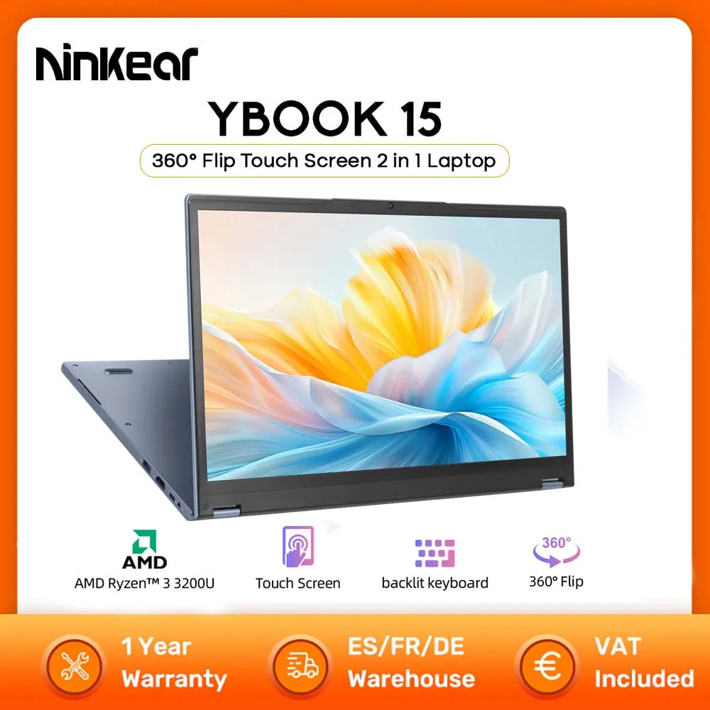 Ninkear YBOOK15 360° 2-in-1 Laptop – 15.6" FHD IPS Touch, AMD Ryzen 3 3200U, Up to 16GB DDR4, 512GB SSD, Windows 11 Pro