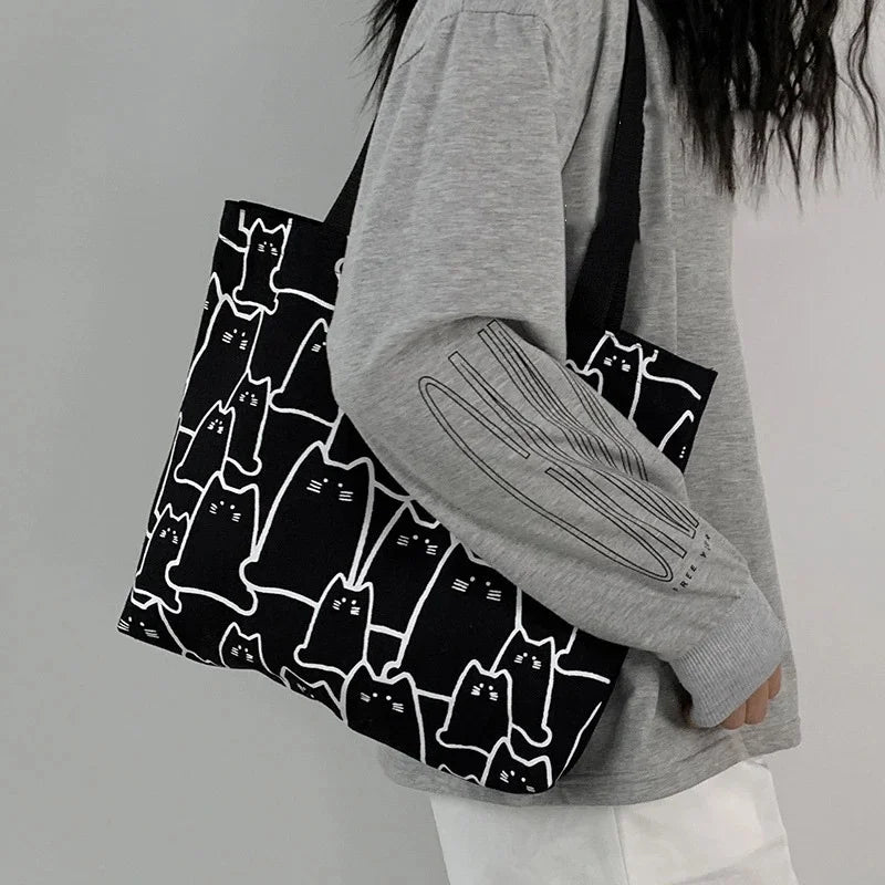 Cute Cat Canvas Tote Bag – Japanese Style Cartoon Shoulder Bag with Zipper for Women