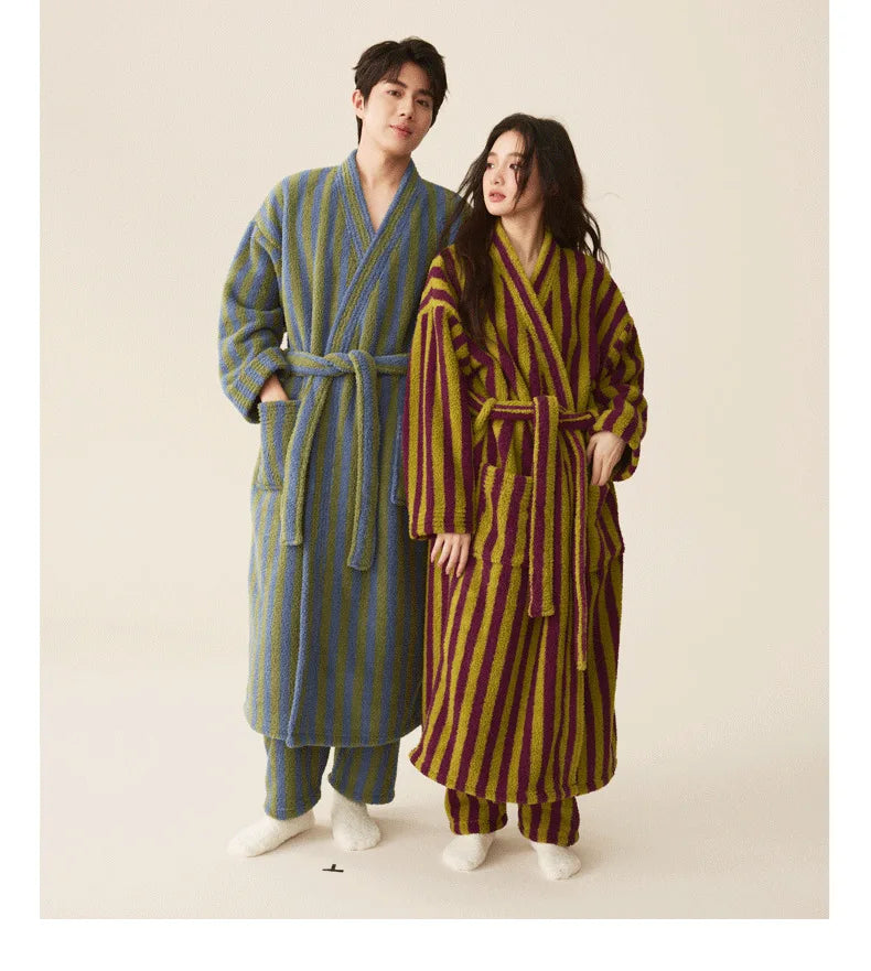 Women's Coral Velvet Striped Fleece Robe | Thick Plush Dressing Gown Loungewear
