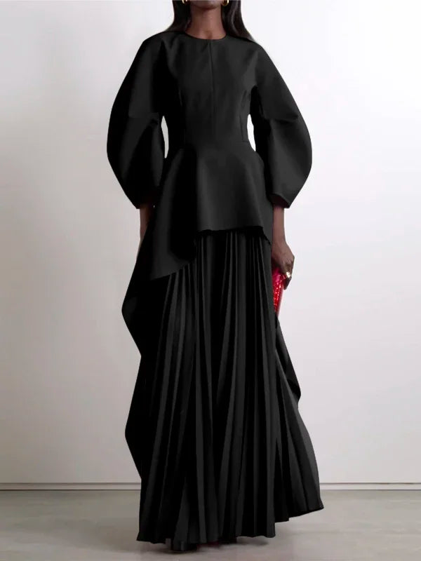 UOOZEE Womens Dresses 2025 New Fashion Elegant Solid Color Split-Joint Tiered Loose Pleated Party Evening Maxi Dress Robe Kaftan