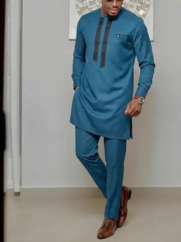 Men's African Kaunda Kaftan Long Sleeve Top & Pants 2-Piece Suit – Traditional Ethnic Wear