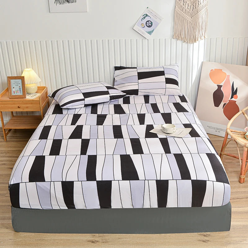 White Marble Print Fitted Bed Sheet with Elastic Band | Single, Queen & King Size, All-Around Bed Cover