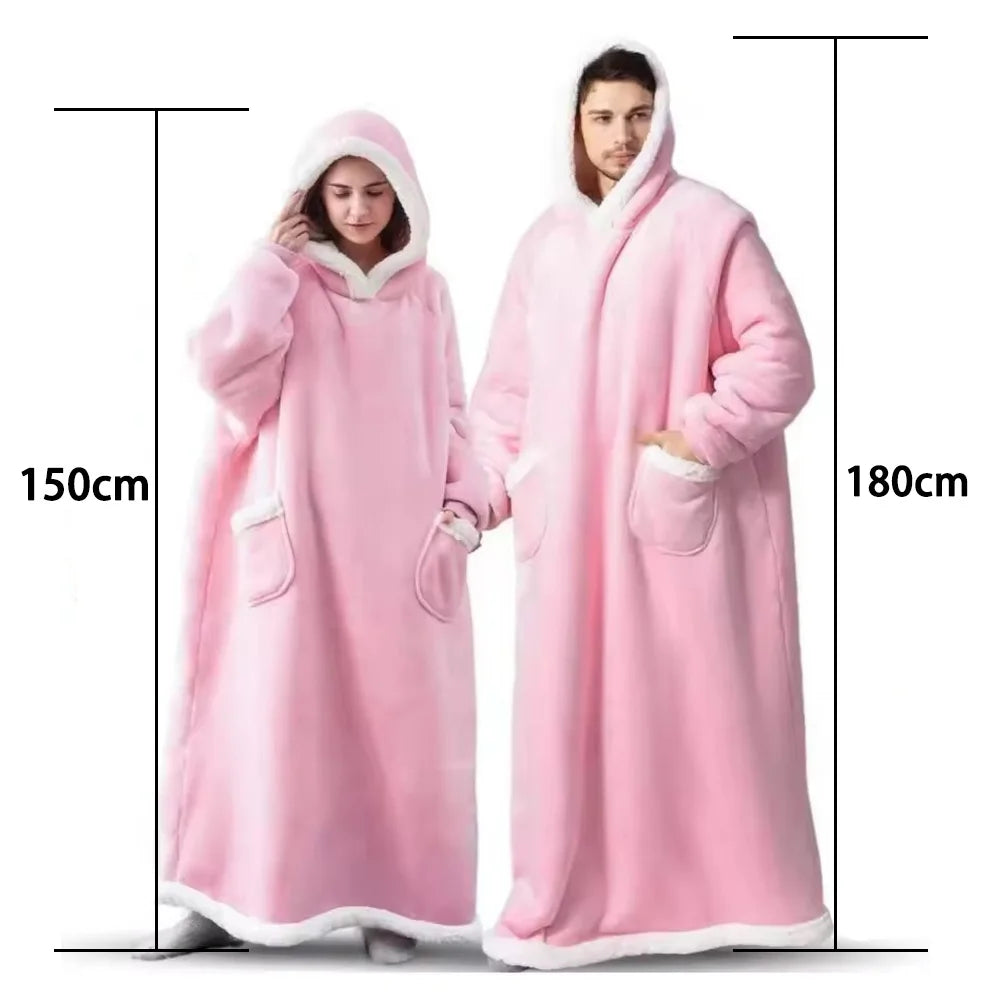 Super Long Flannel Blanket Hoodie – 180cm Oversized Fleece Sweatshirt with Sleeves for Women & Men