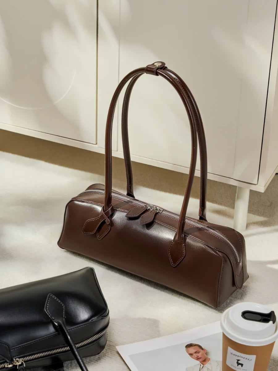Vintage Genuine Leather Baguette Shoulder Bag – Korean Luxury Underarm Handbag for Women