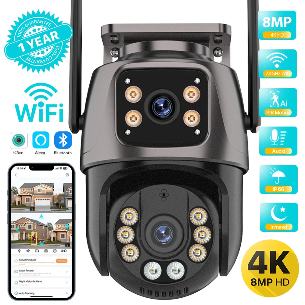 8MP Dual Lens WiFi PTZ Outdoor Security Camera – AI Auto Tracking, Color Night Vision, 2-Way Audio