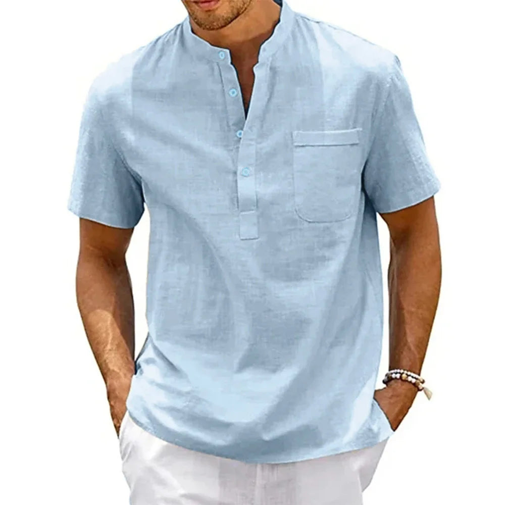 Men's Cotton Linen Henley Beach Short Sleeve Shirt — Lightweight Summer Casual Shirt