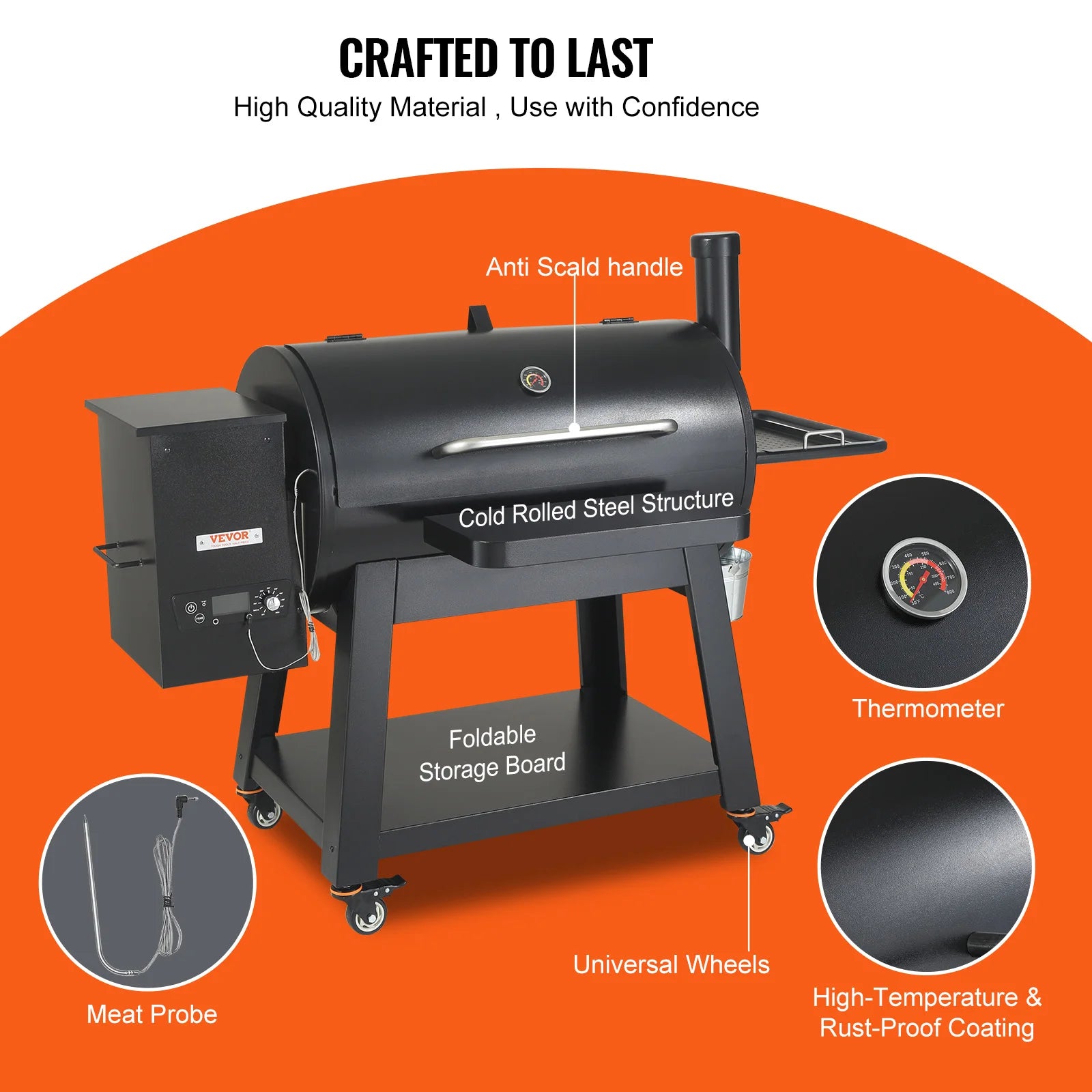 SucceBuy Portable Charcoal & Propane Smoker Grill | 840 Sq. In., Cover & Cart, PID Temp Control 175–500°F, CE Certified