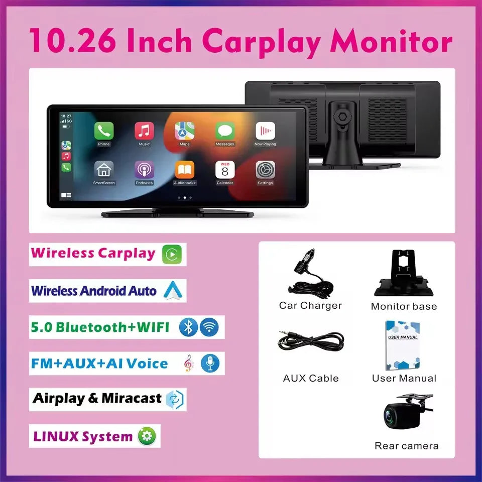 Wireless CarPlay Screen for Car – 10.26" Android Auto Touchscreen Stereo System